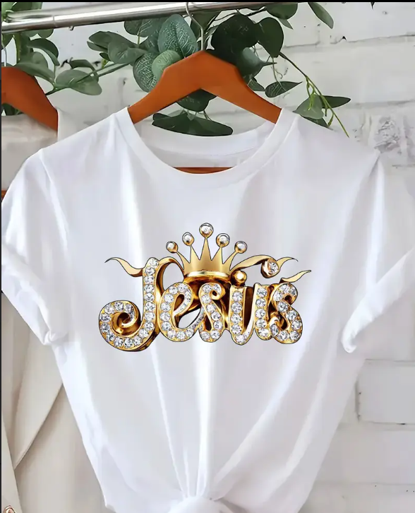 “Jesus” Crown Rhinestone Graphic Tee – Multiple colors