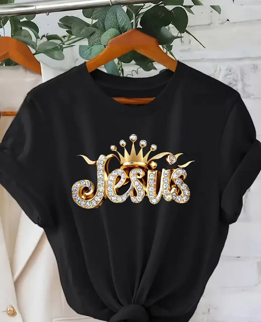 “Jesus” Crown Rhinestone Graphic Tee – Multiple colors