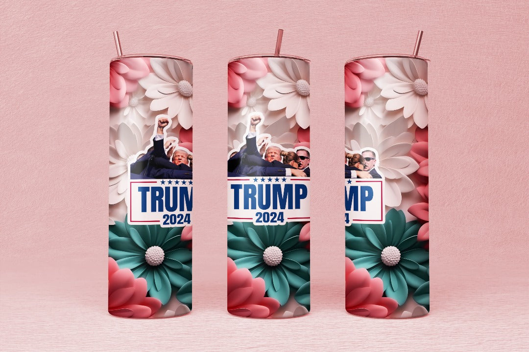 TRUMP 2024 Tumbler White, Green, Pink 3D flowers